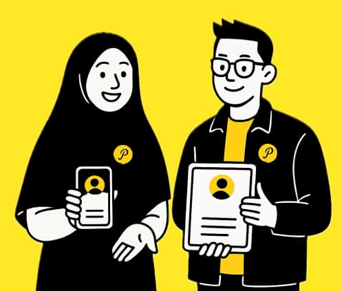 Ilustrasi dua orang memegang profil bakat mereka